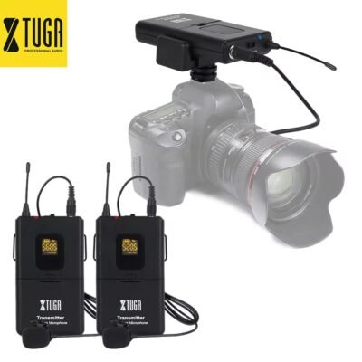 XTUGA CM4 UHF Dual Wireless Lavalier Microphone Lapel Mic System with Carrying Case