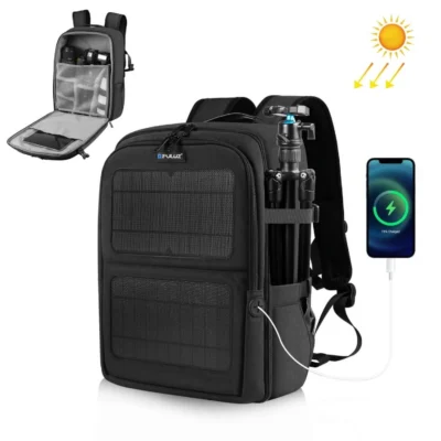 PULUZ 12W Solar Power Outdoor Portable Camera Dual Shoulders Backpack Laptop Bag (Black)