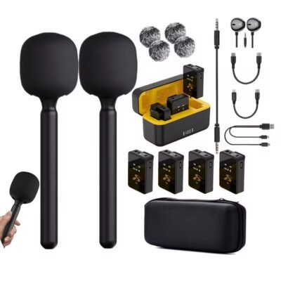 4Mics 3-in-1 100 Meters Wireless Microphones Noise Cancellation Battery Case Lavalier Lapel Mini Microphone for Video Recording